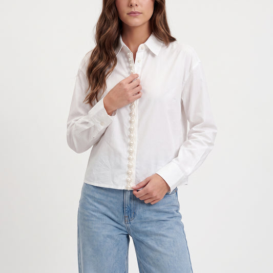 Camicia in Cotone Bianco con Dettaglio Perle