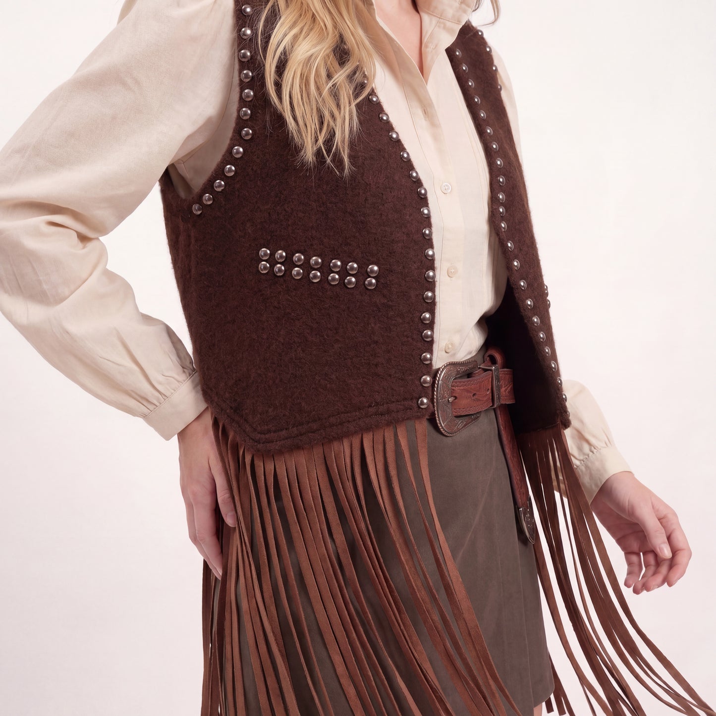 Gilet con Frange e Borchiette - Marrone, Nero