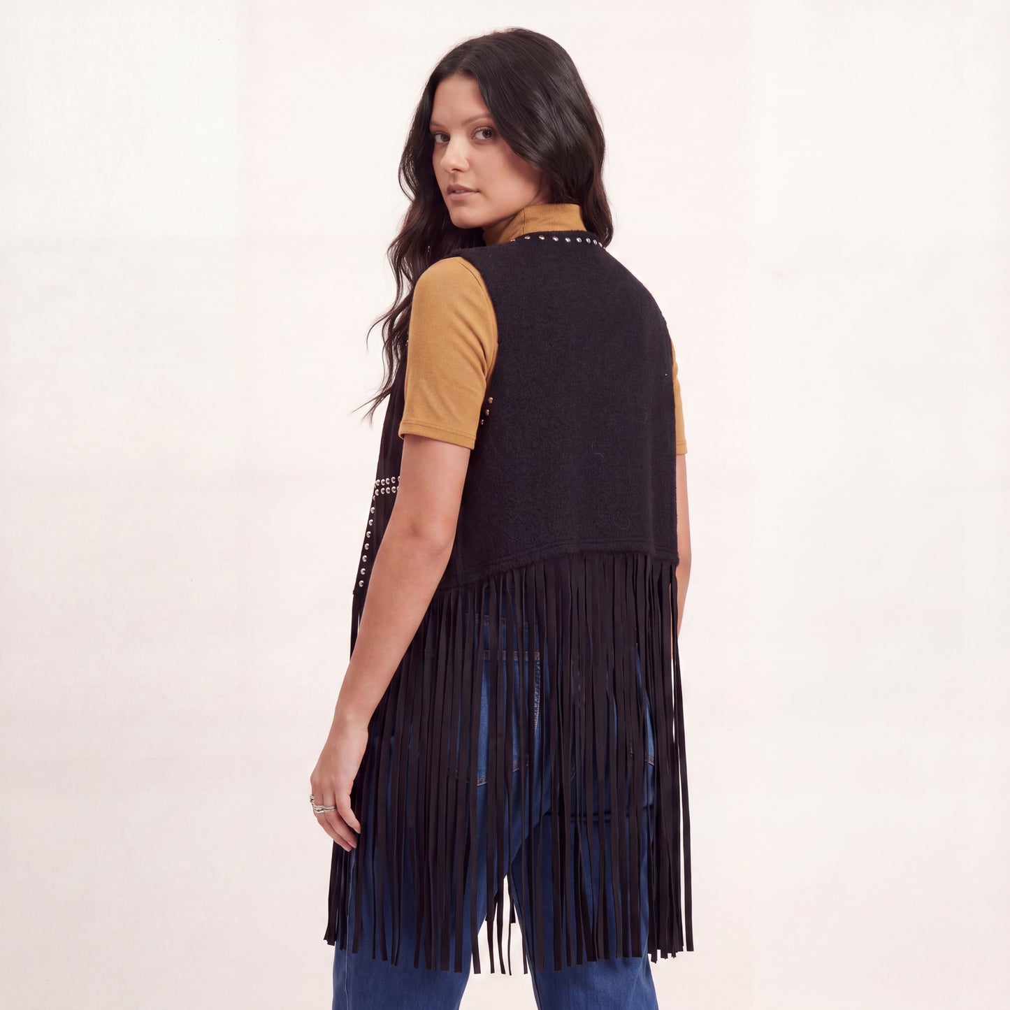 Gilet con Frange e Borchiette - Marrone, Nero