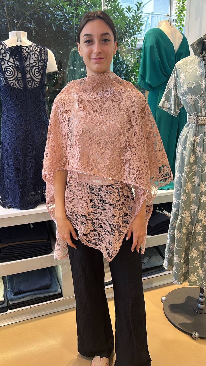 Cappa-Sciarpa in Pizzo Floreale con Paillettes – Rosa Cipria