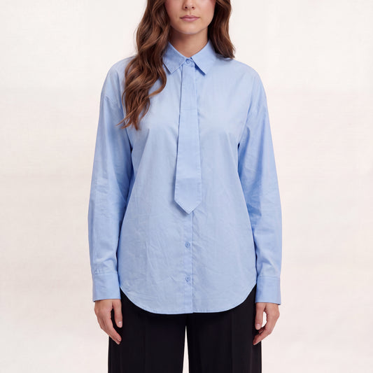 Camicia in Cotone con Cravattino Staccabile - Bianca, Celeste