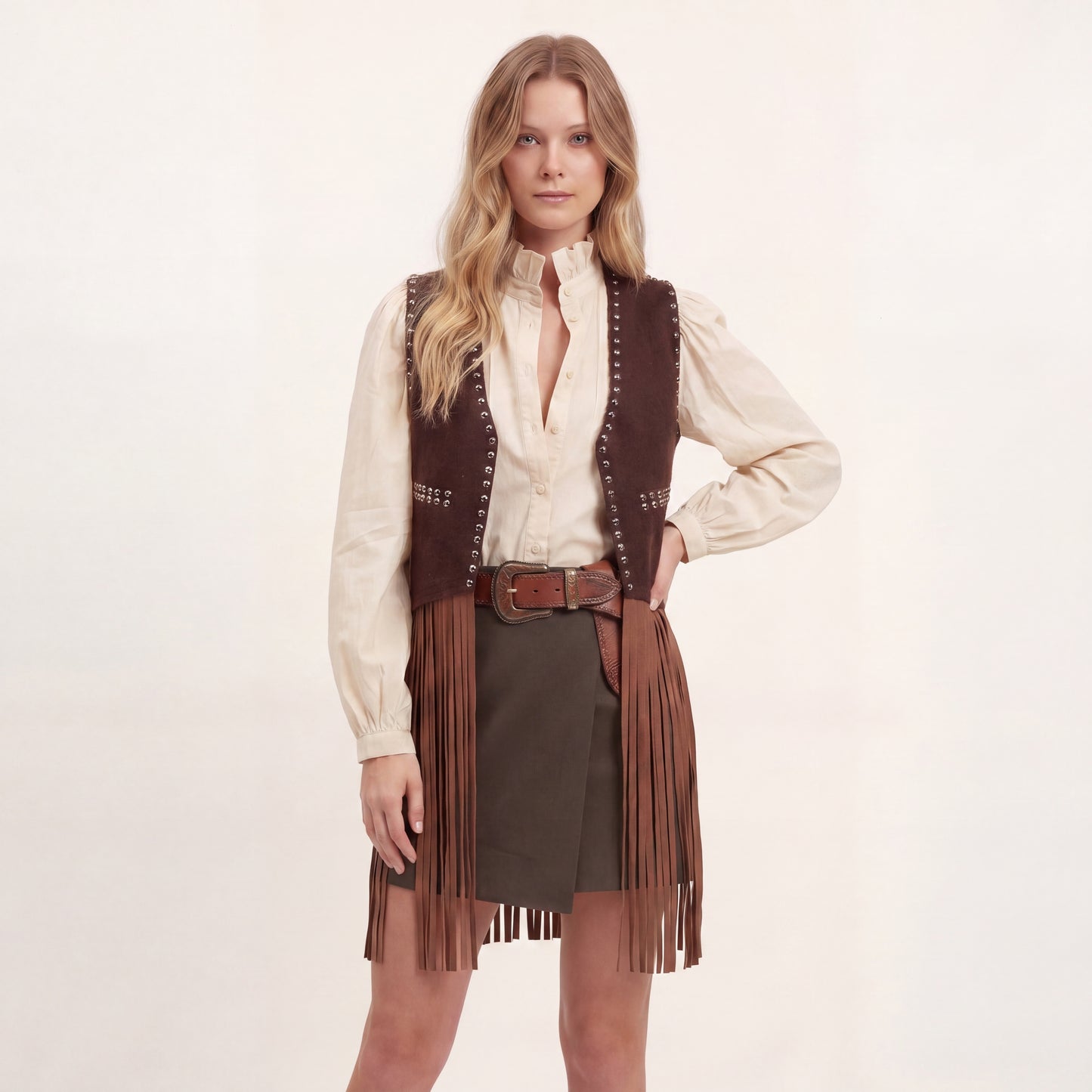 Gilet con Frange e Borchiette - Marrone, Nero