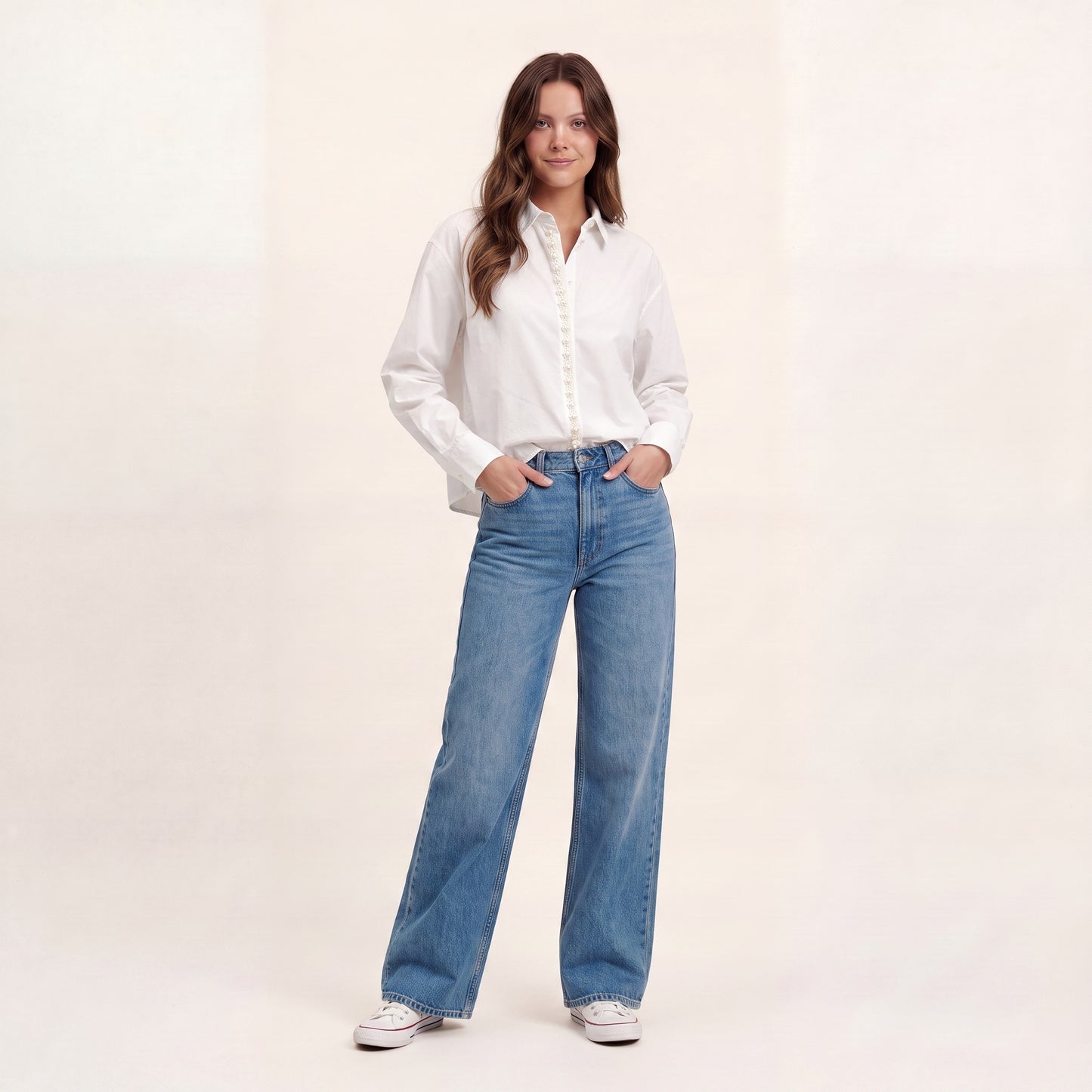 Camicia in Cotone Bianco con Dettaglio Perle