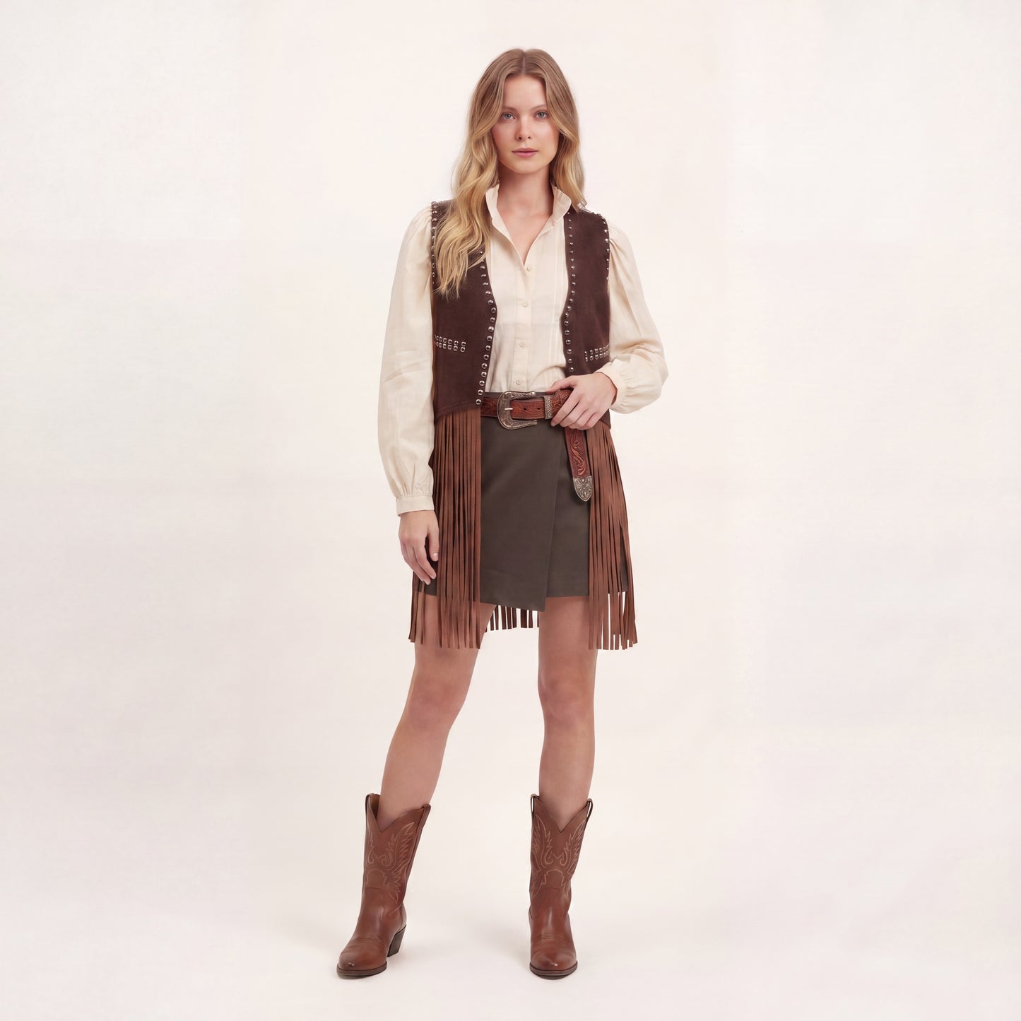 Gilet con Frange e Borchiette - Marrone, Nero