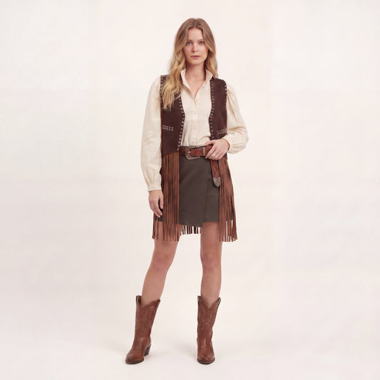 Gilet con Frange e Borchiette - Marrone, Nero