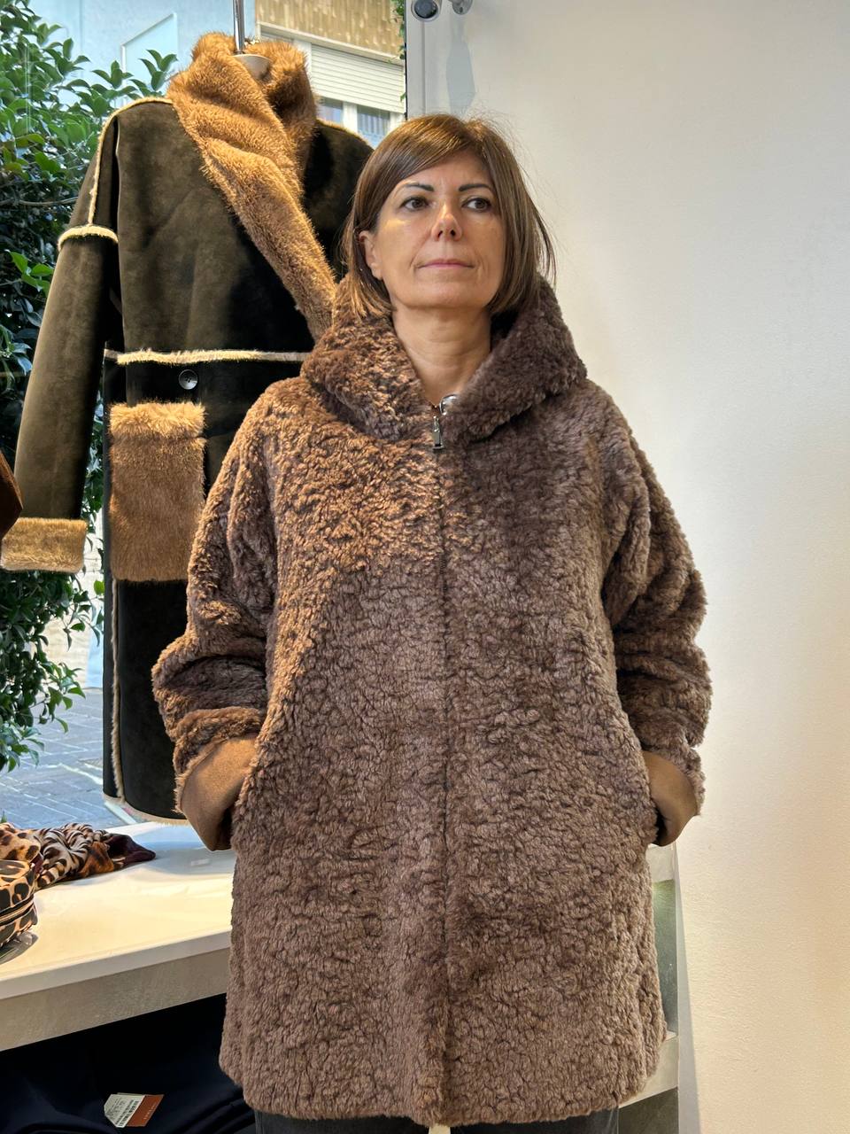 Giaccone Reversibile in Ecopelliccia- Bordeaux, Marrone