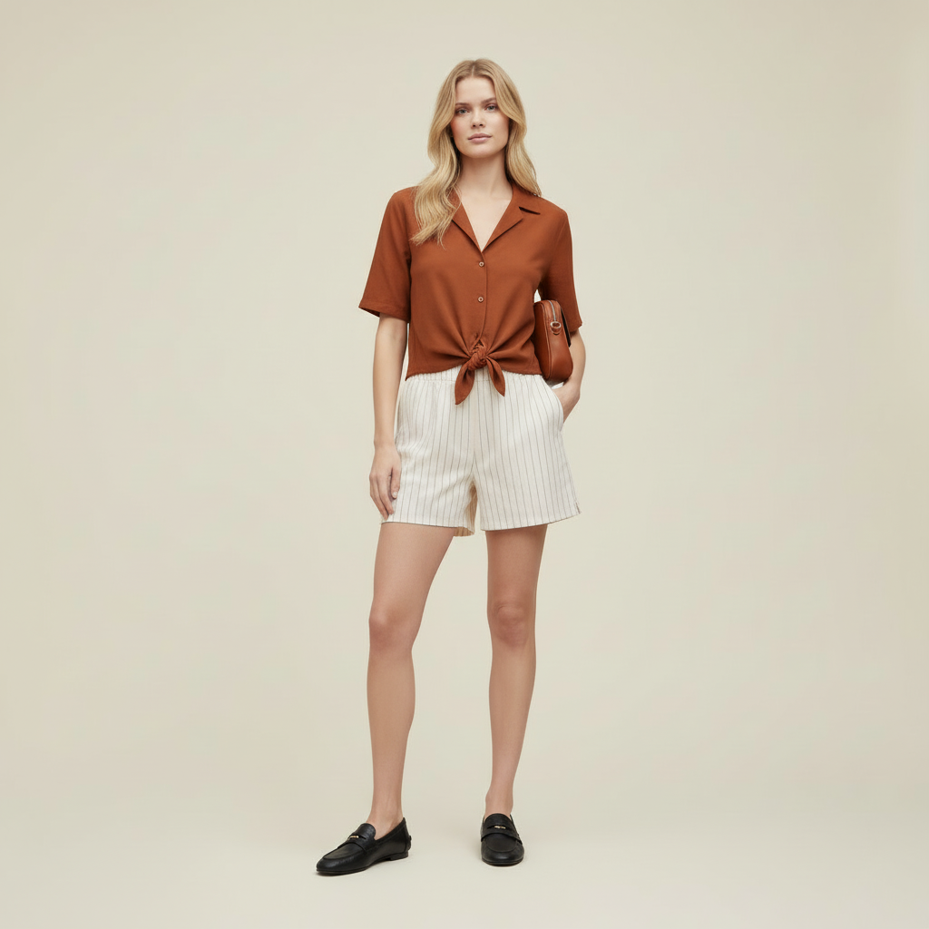 Blusa a maniche corte - Marrone, Blu, Bianco