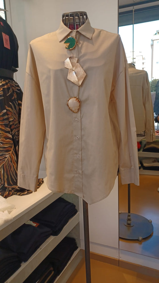Camicia Oversize in Cotone con Gioielli Multifunzione - Beige