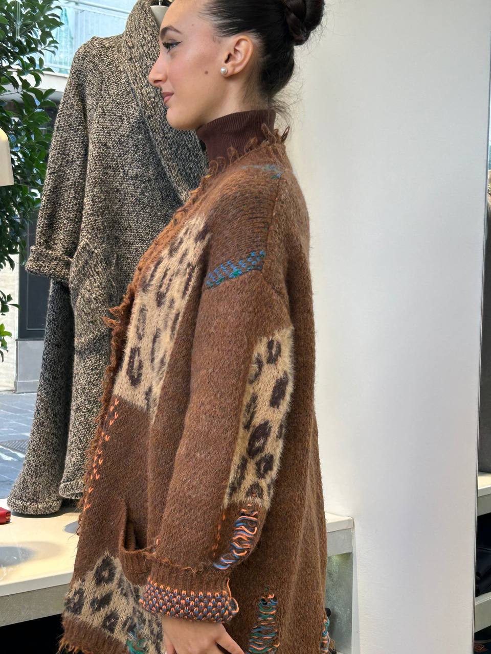 Cardigan in Maglia Patchwork Oversize - Verde, Marrone