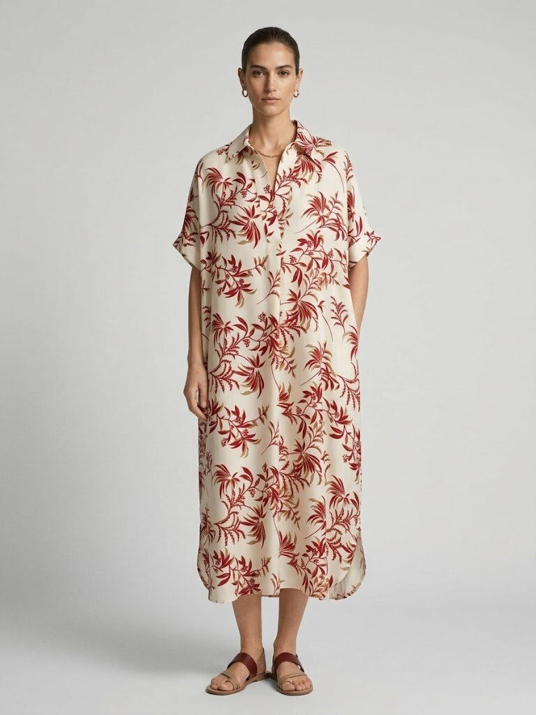 Abito Camicia in Viscosa e Seta con Stampa Tropicale - Marrone o Rosso