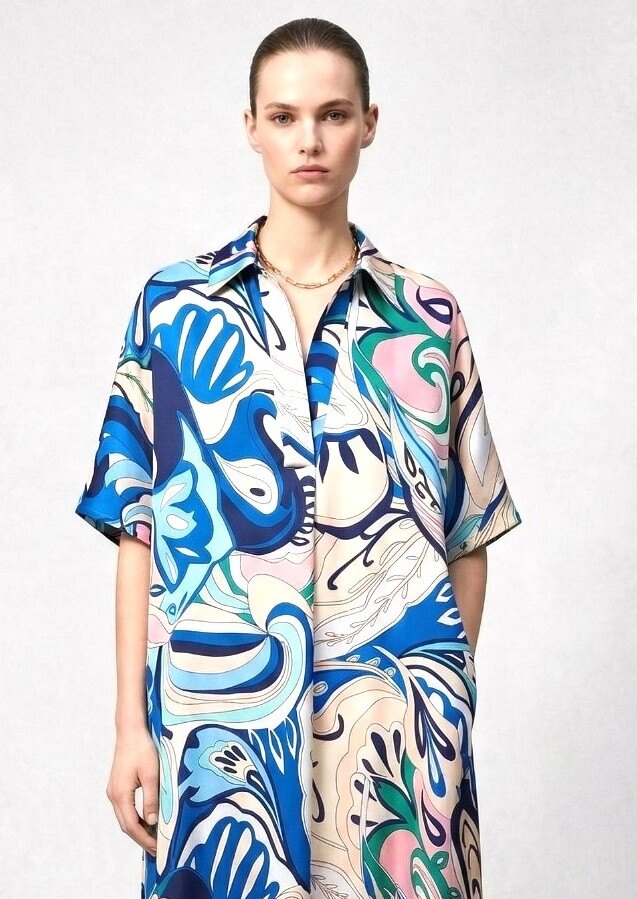 Abito a Camicia in Viscosa e Seta Stampata - Azzurro o Marrone