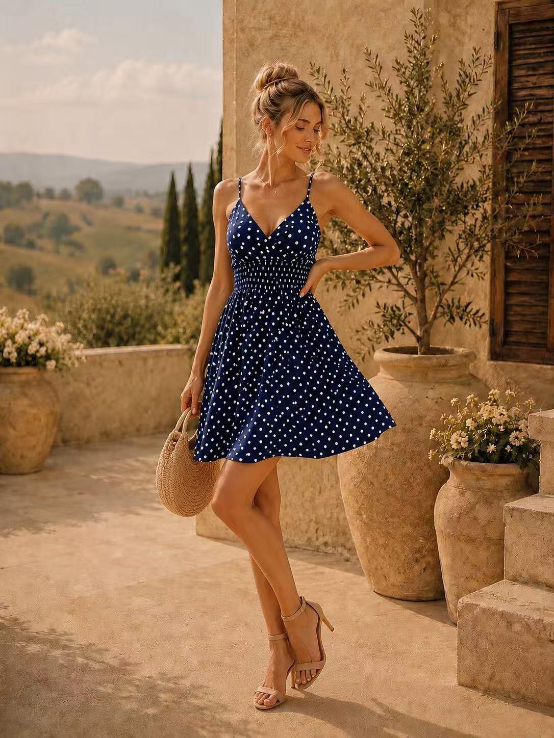 Vestito corto leggero con spalline sottili e motivo a pois - Bianco, Nero, Blu