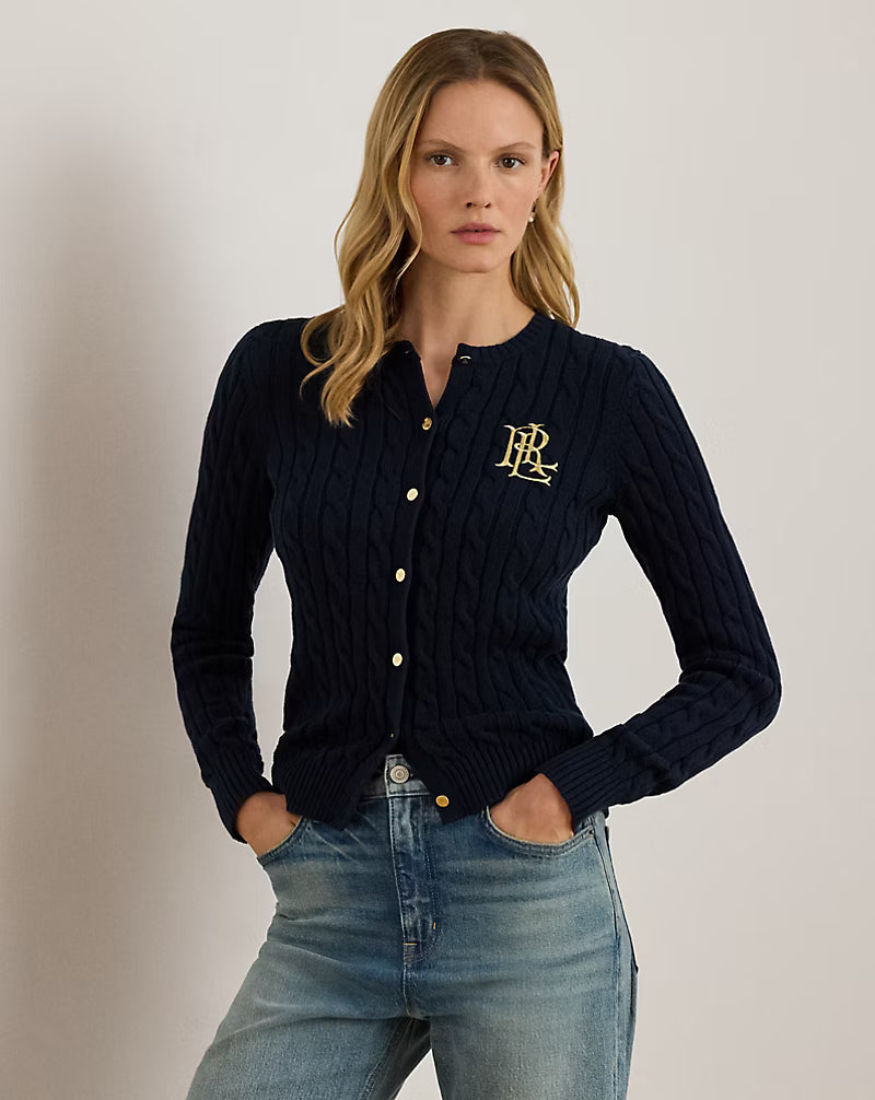 Cardigan in maglia di cotone a treccia con stemma - Blu, Panna, Rosso, Nero