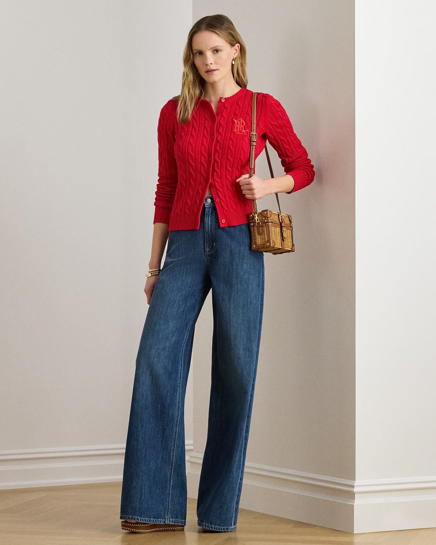 Cardigan in maglia di cotone a treccia con stemma - Blu, Panna, Rosso, Nero
