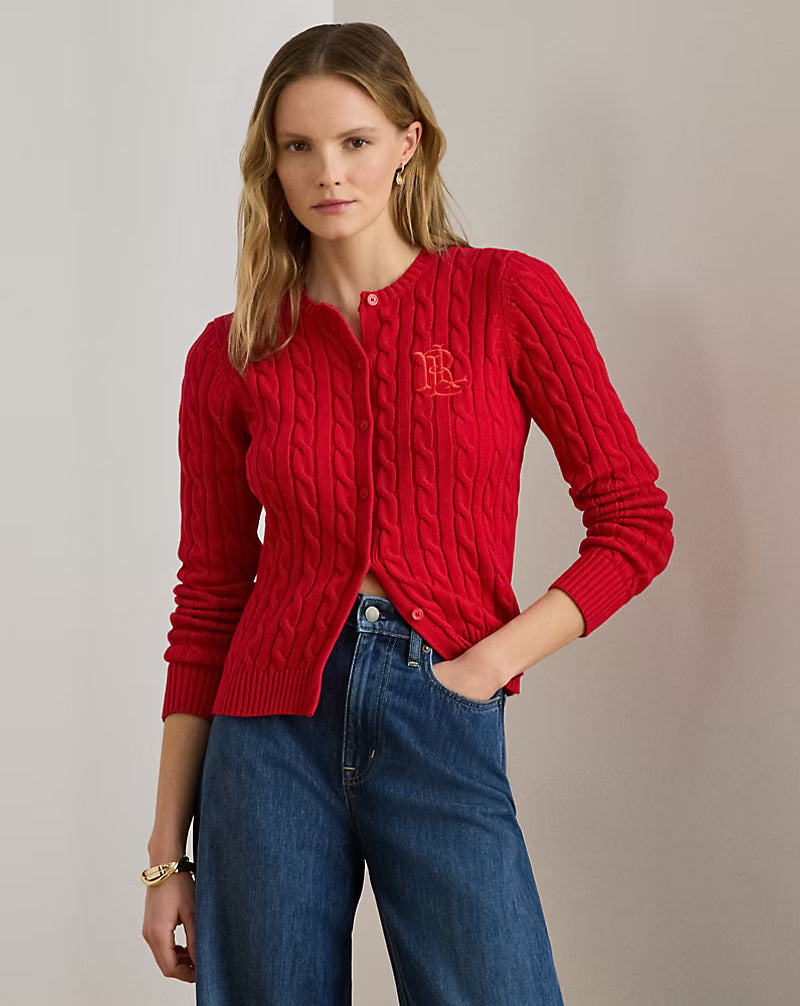 Cardigan in maglia di cotone a treccia con stemma - Blu, Panna, Rosso, Nero