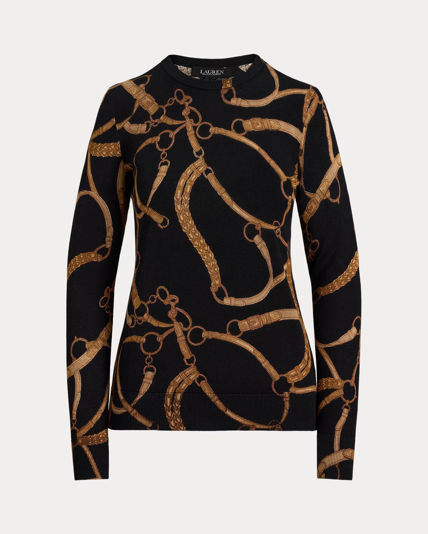 Maglia a girocollo con stampa cinture su sfondo nero