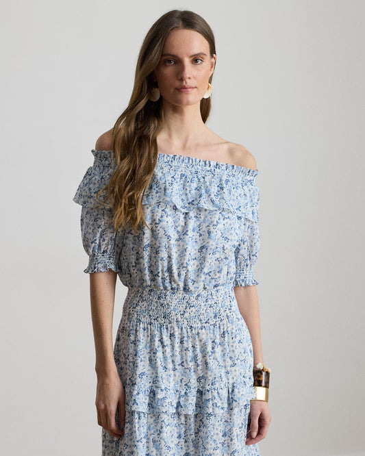 Abito Lungo in Voile di Cotone con Spalle Scoperte