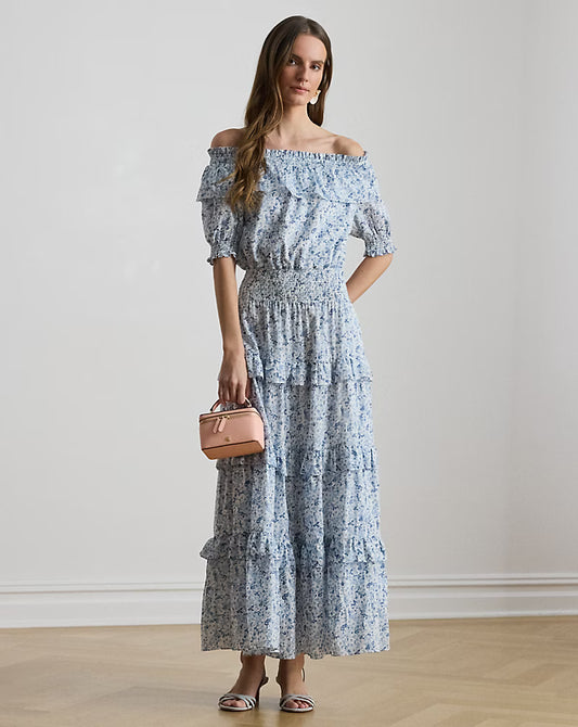 Abito Lungo in Voile di Cotone con Spalle Scoperte