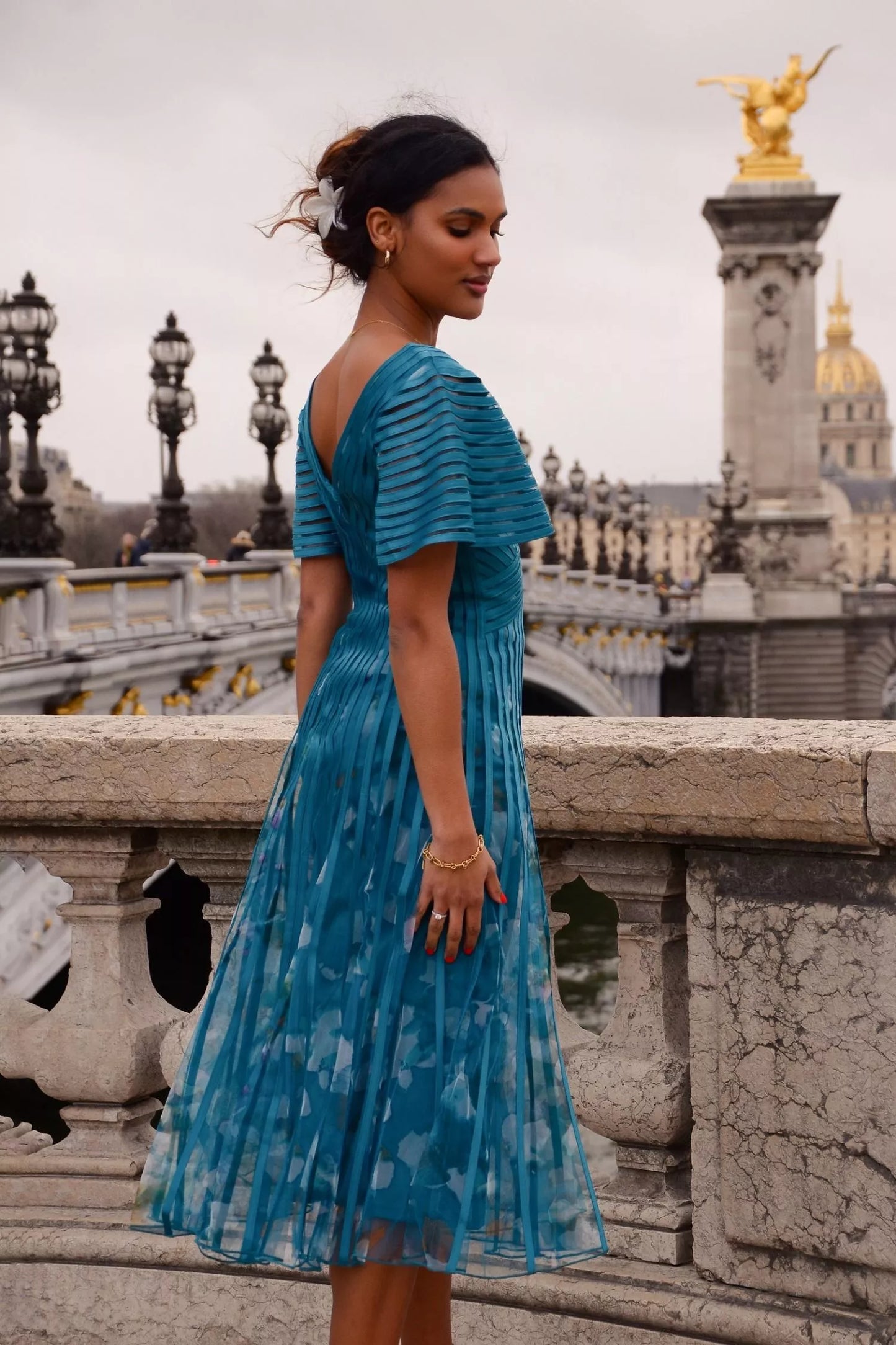 Tulle and Satin Midi Dress with Short Sleeves - Turquoise