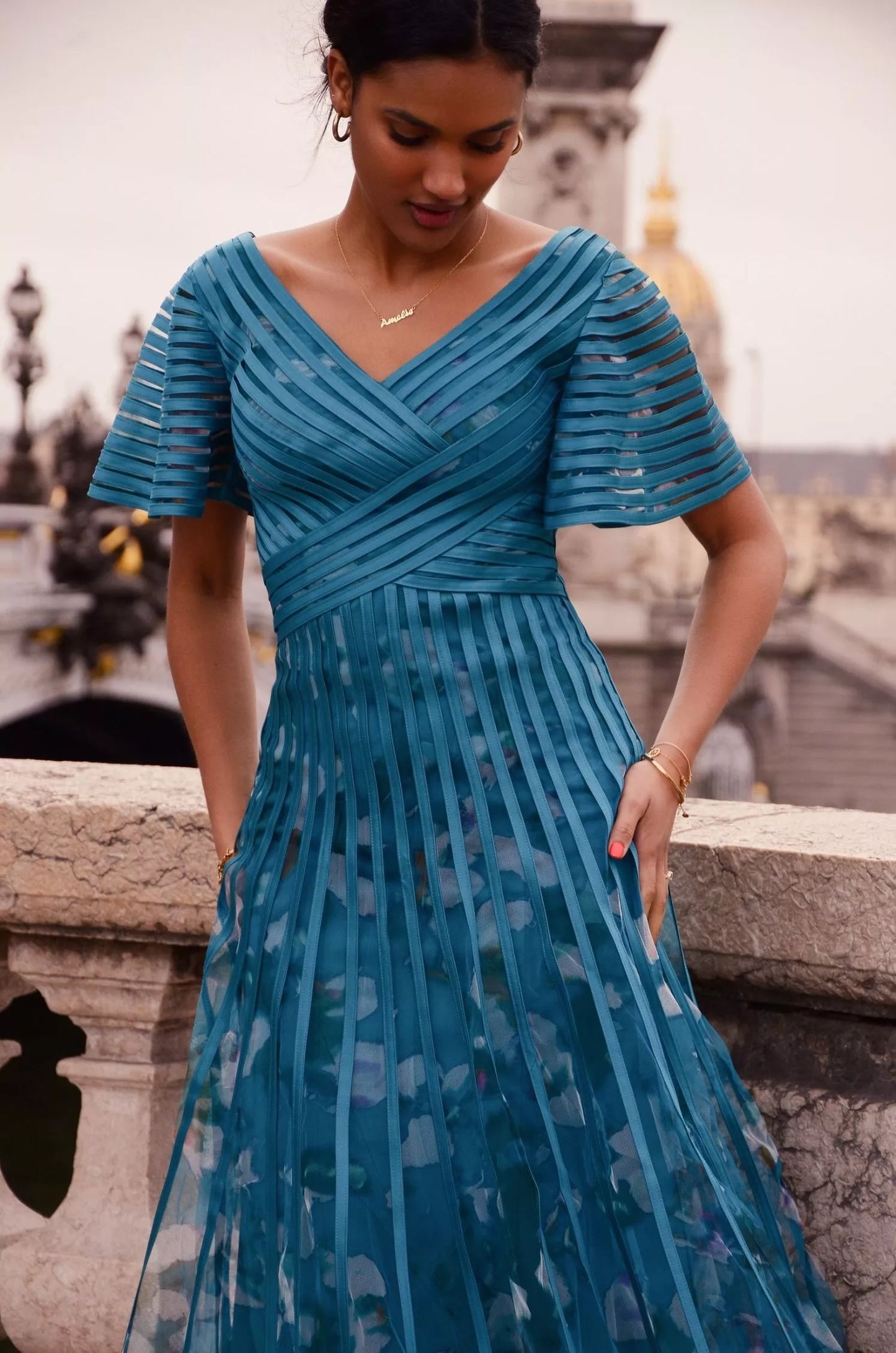 Tulle and Satin Midi Dress with Short Sleeves - Turquoise