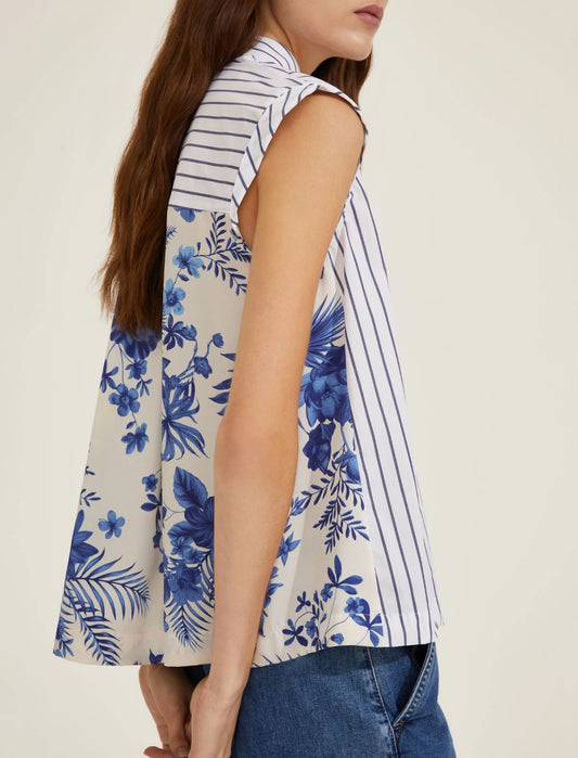 Camicia smanicata con stampe a contrasto
