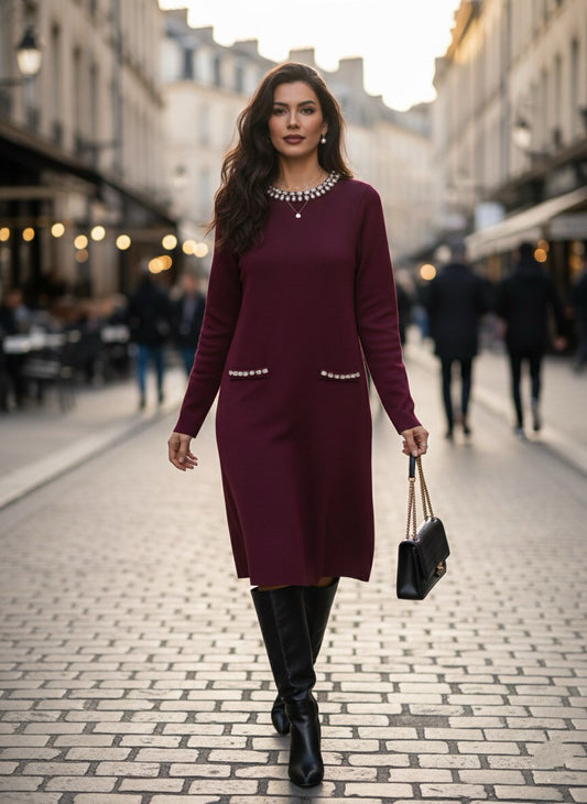 Abito in maglia larga con scollo decorato