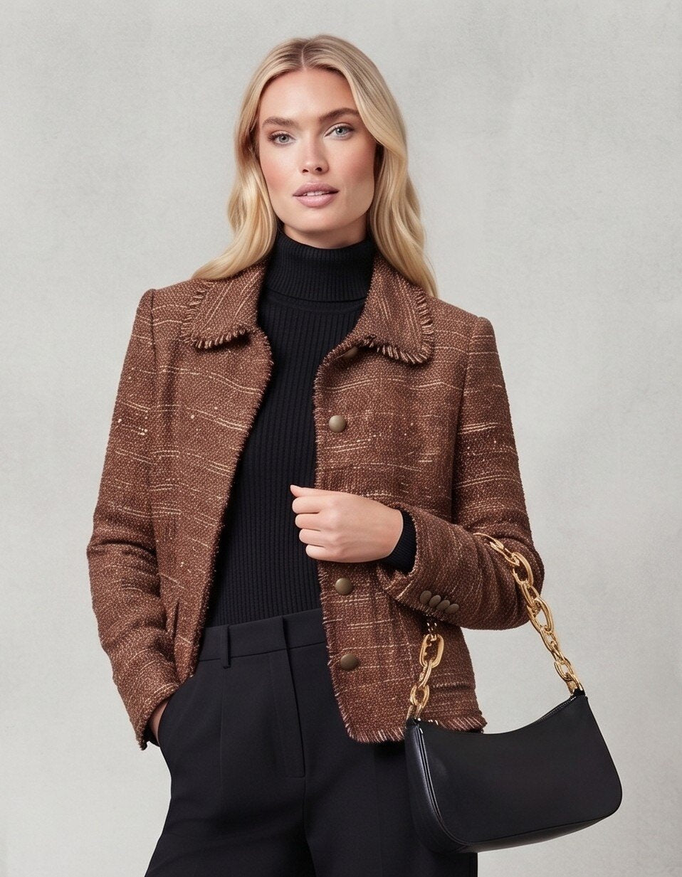 Giacca Corta in Tessuto Maglia Tweed e Profili Sfrangiati