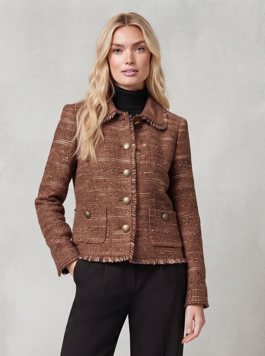 Giacca Corta in Tessuto Maglia Tweed e Profili Sfrangiati
