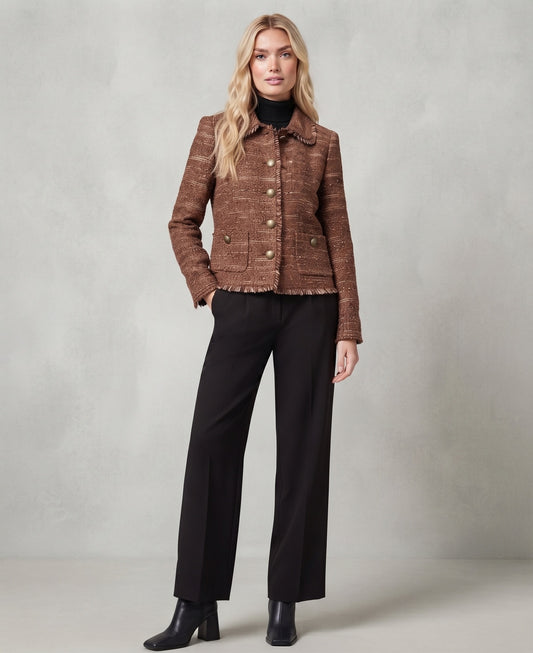 Giacca Corta in Tessuto Maglia Tweed e Profili Sfrangiati