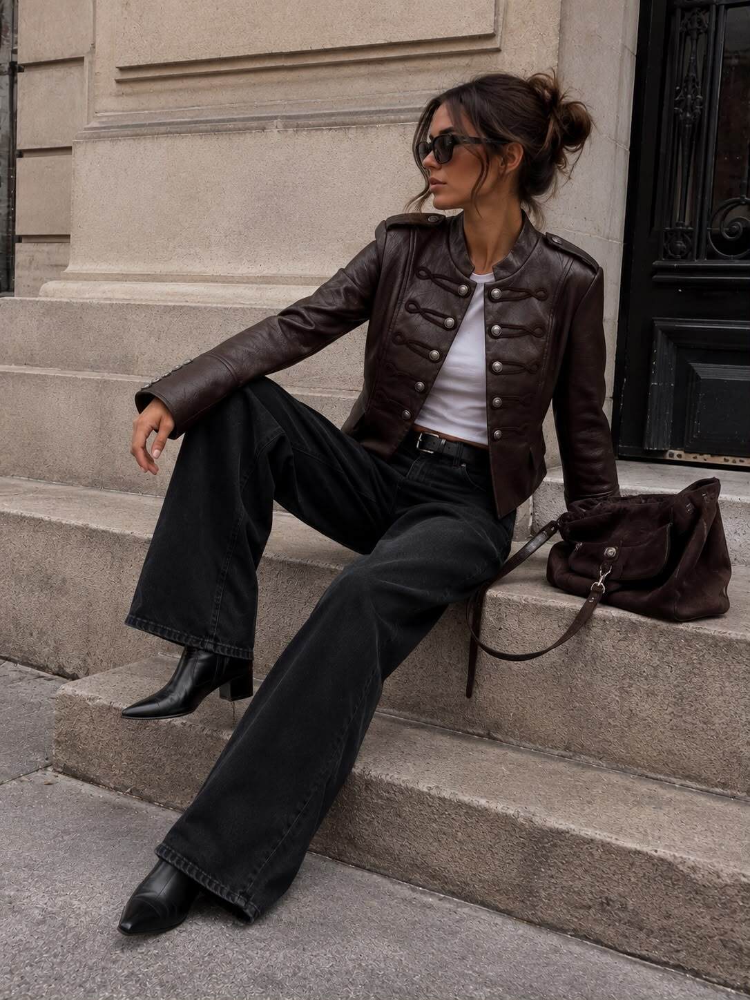 Giacca Corta in Ecopelle Stile Militare - Marrone, Nero, Bordeaux