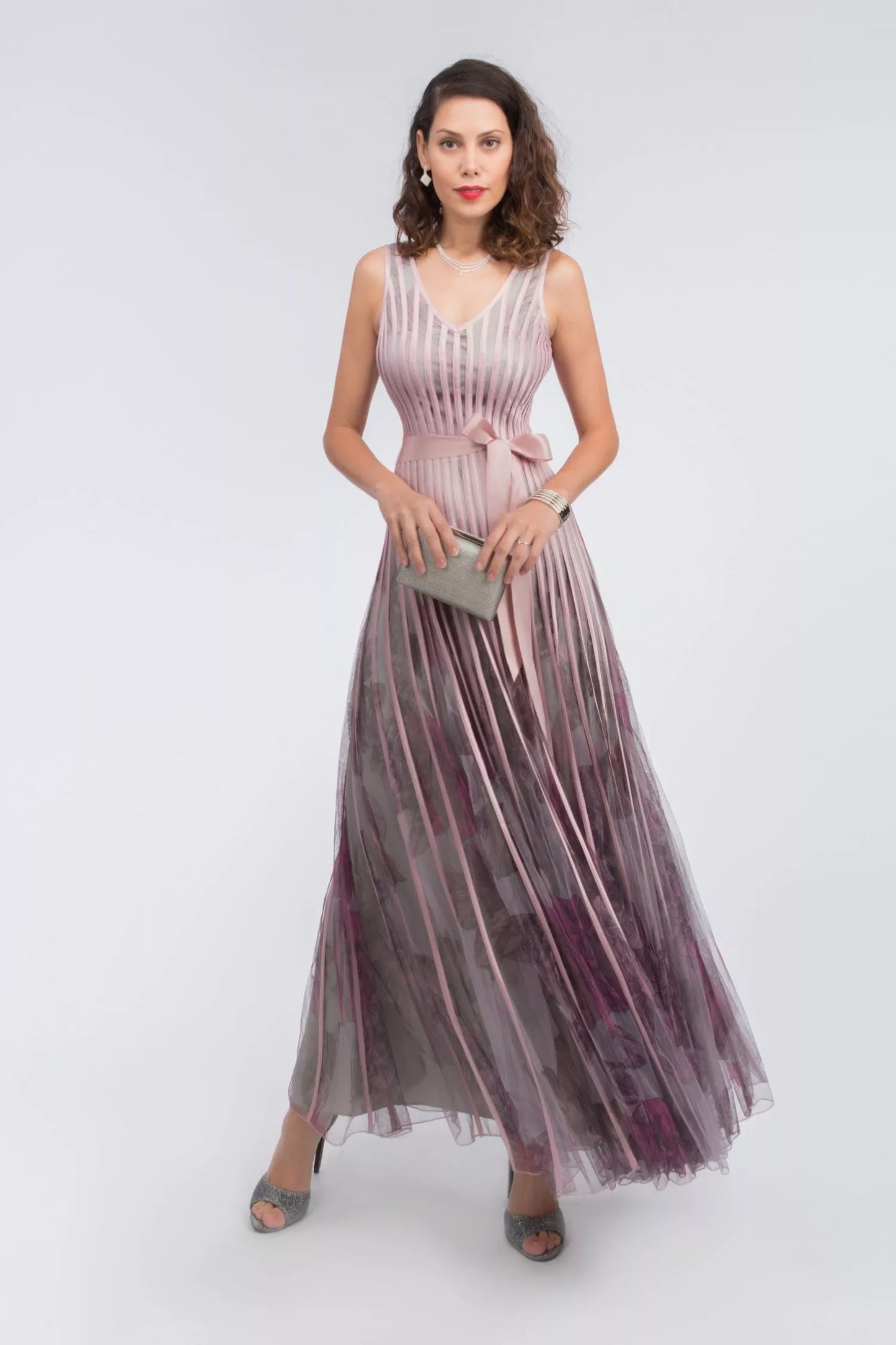 Abito Lungo Stampato in Tulle e Raso-  Rosa