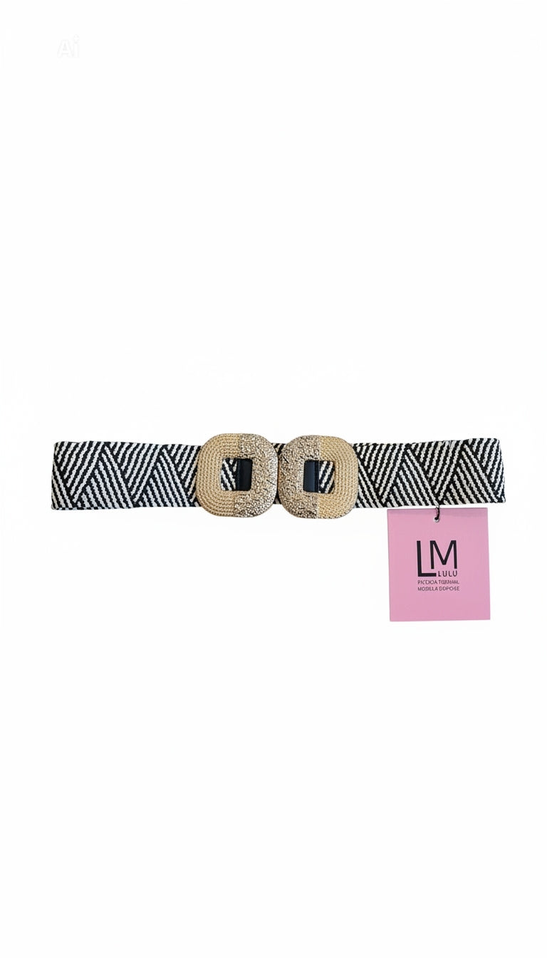 Cintura Elastica in Raffia "Zoey" – Intreccio Chevron Beige e Nero, con Fibbia Jewel
